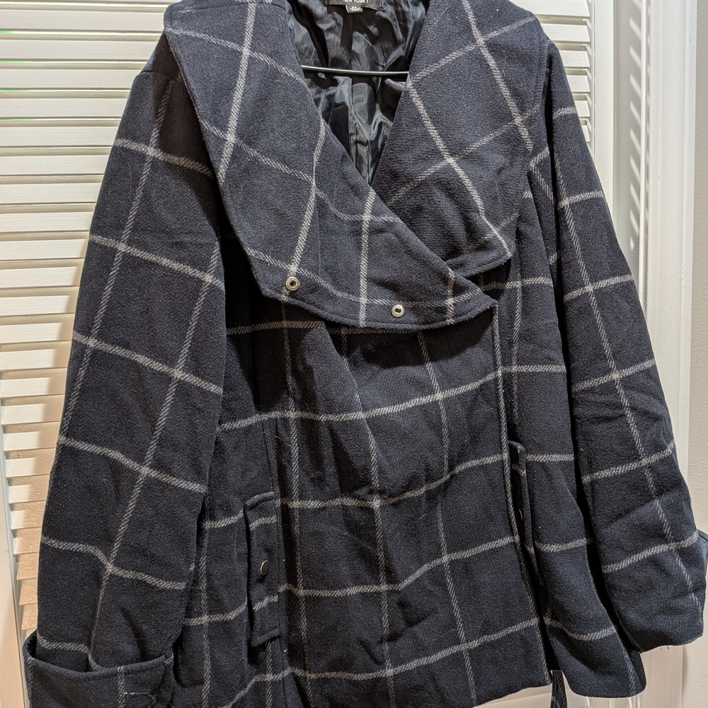 CoffeeShop Black and Gray Plaid Pea Coat